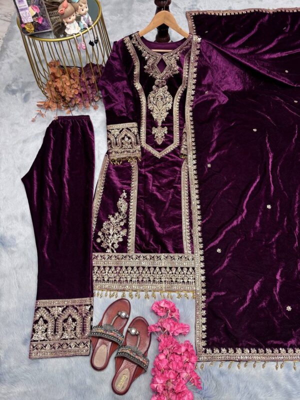 Pure Viscose Velvet Top Plazzo & Dupatta Set - Image 6