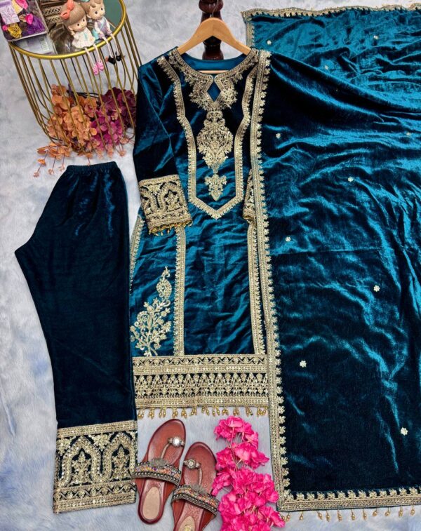 Pure Viscose Velvet Top Plazzo & Dupatta Set - Image 7