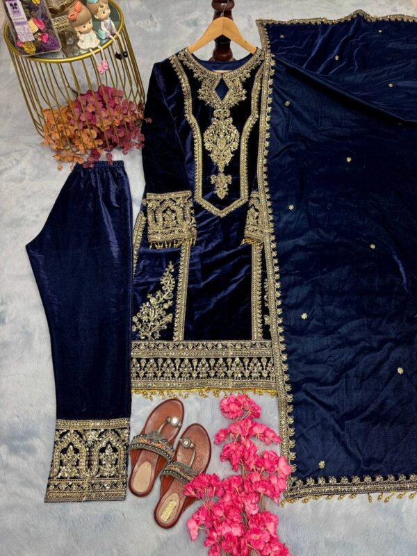 Pure Viscose Velvet Top Plazzo & Dupatta Set - Image 2