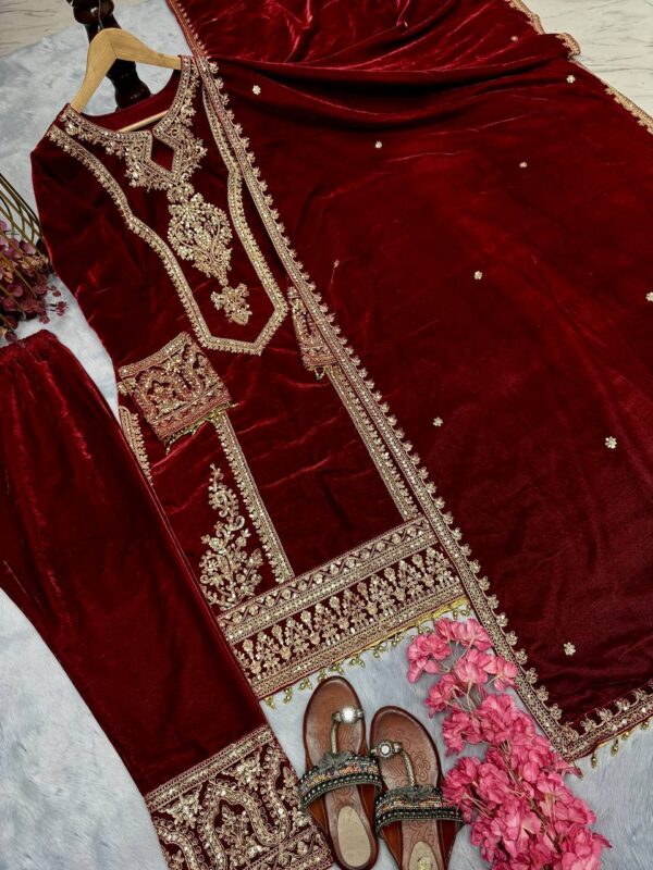 Pure Viscose Velvet Top Plazzo & Dupatta Set - Image 8