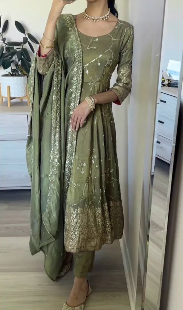 Party Wear Look Fancy Anarkali Gown,Dupatta & Bottom Set - Image 2