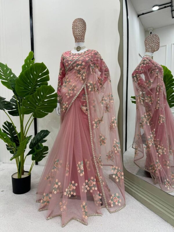 Designer Saree on Soft Net Febric with Thred & Sequnce work and blouse - Image 5