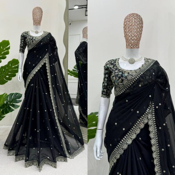 Designer Saree with Thred & Sequnce work and blouse - Image 4