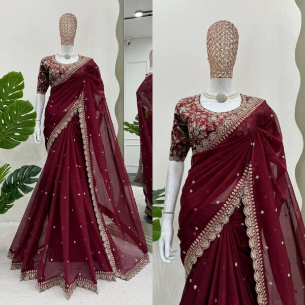 Designer Saree with Thred & Sequnce work and blouse - Image 2