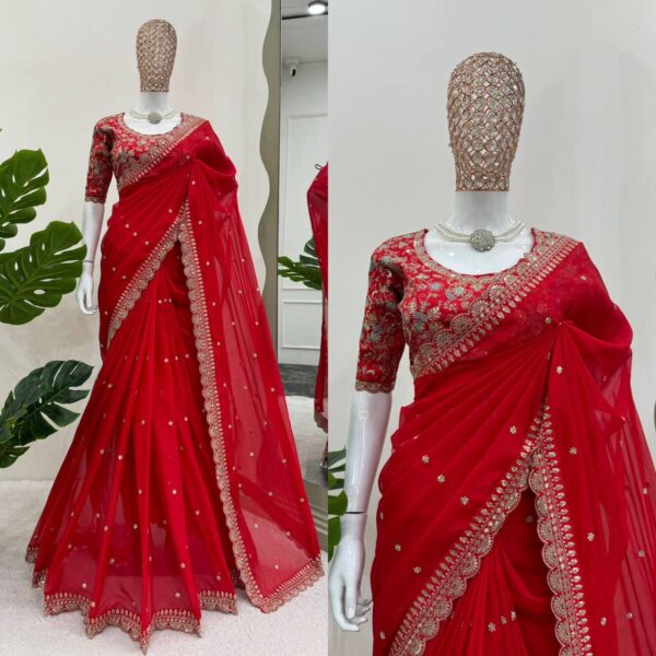 Designer Saree with Thred & Sequnce work and blouse - Image 8