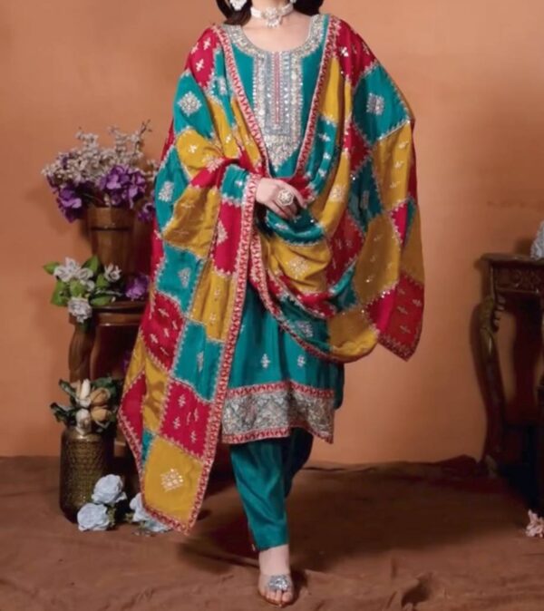 Party Wear Chinon Silk fabric Top Plazzo And Dupatta