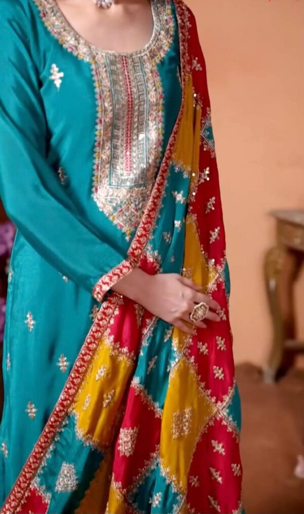 Party Wear Chinon Silk fabric Top Plazzo And Dupatta - Image 3