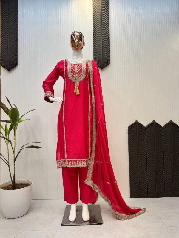 FANCY PURE CHINNON AND CORDING SEQUENCE EMBROIDERY WORK TOP AND PANT WITH  DUPATTA