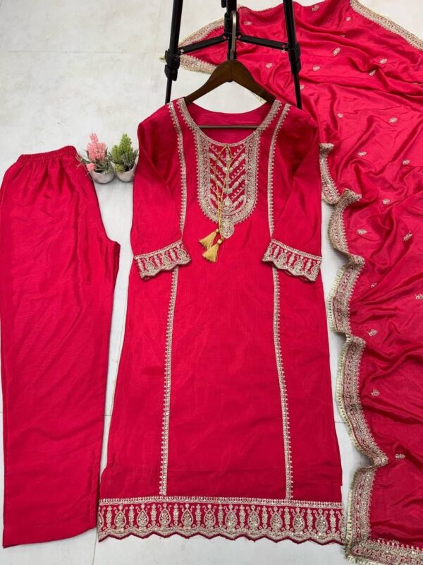 FANCY PURE CHINNON AND CORDING SEQUENCE EMBROIDERY WORK TOP AND PANT WITH  DUPATTA - Image 3