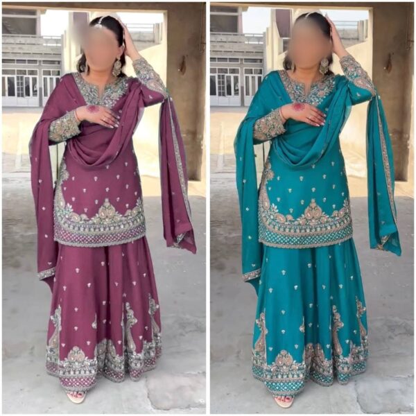 New Design Party Wear Look Top-Plazzo and Dupatta With Heavy Embroidery Work