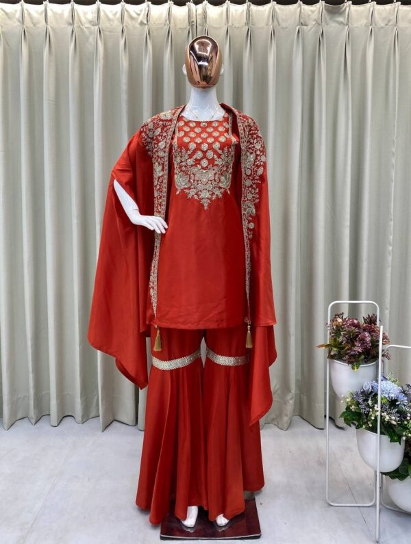 Creap Silk Top Sequence Embroidery Work & Sharara with Shrug - Image 2