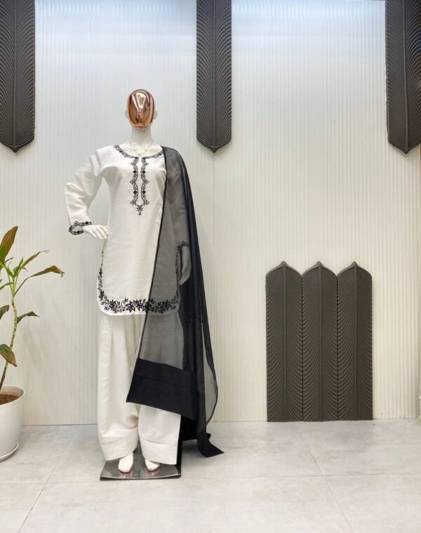 Farsi Salwar Suit Roman Silk Fabric Top And Pant With Organza Dupatta - Image 2