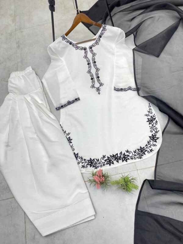 Farsi Salwar Suit Roman Silk Fabric Top And Pant With Organza Dupatta - Image 3