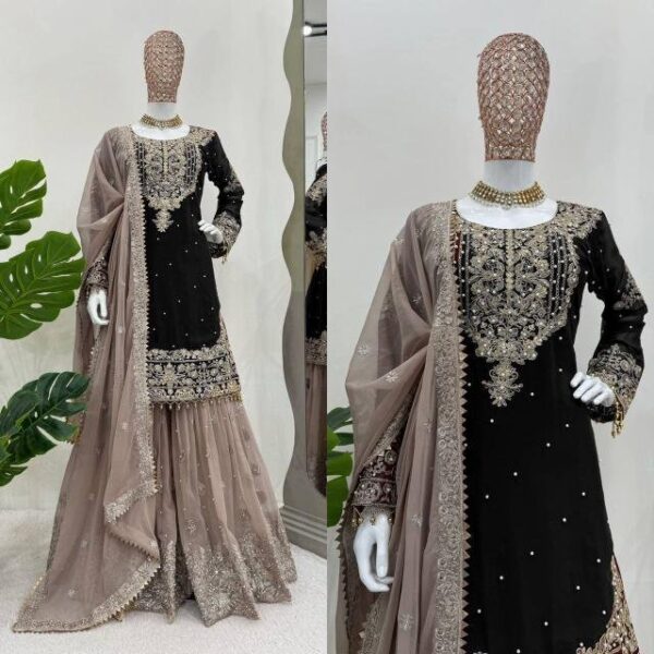 Suit on Faux Georgette febric with Inner and Coding & Sequnce work with Pearl work and Sharara - Image 7