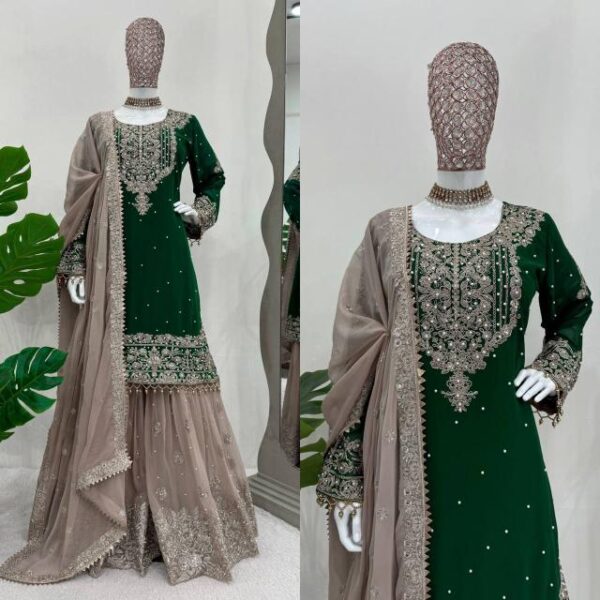 Suit on Faux Georgette febric with Inner and Coding & Sequnce work with Pearl work and Sharara - Image 2