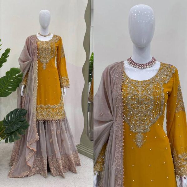 Suit on Faux Georgette febric with Inner and Coding & Sequnce work with Pearl work and Sharara - Image 4