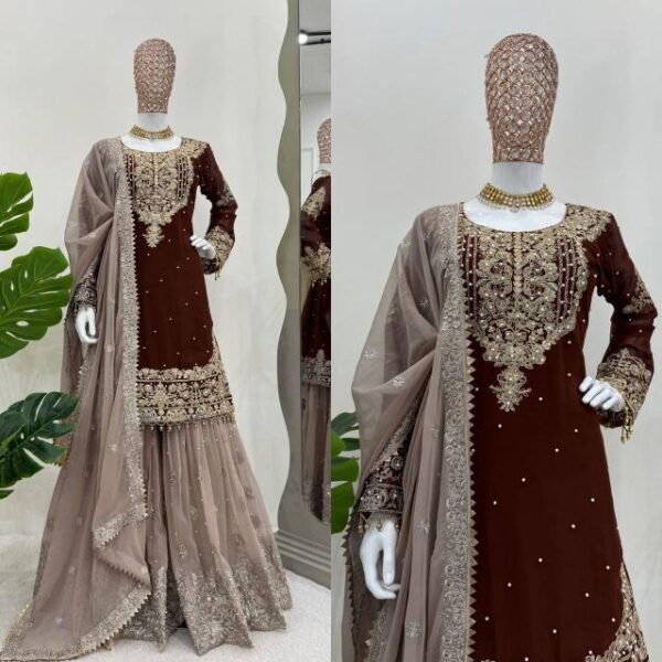 Suit on Faux Georgette febric with Inner and Coding & Sequnce work with Pearl work and Sharara - Image 6