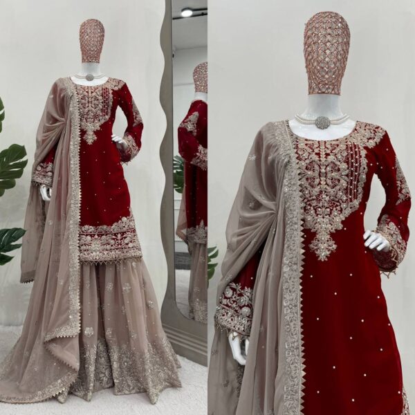 Suit on Faux Georgette febric with Inner and Coding & Sequnce work with Pearl work and Sharara